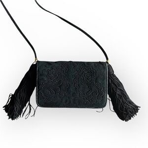 Judith Leiber vintage embroidered Suede evening mini bag with tassles, black